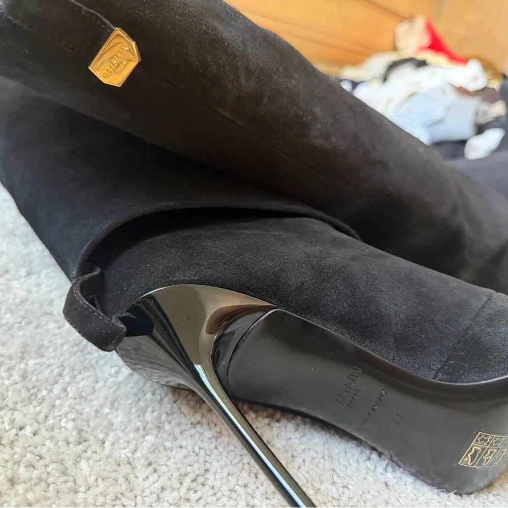 Balmain Ariel Black Over-the-Knee Suede Pointed-Toe Stiletto Boots